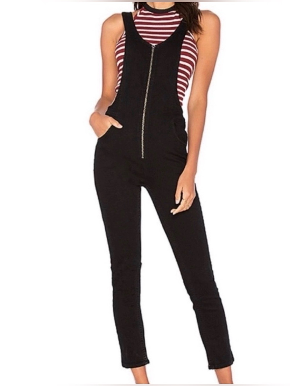 Free People Black Zip-Front Overalls Casual Cotton blend whimsy goth boho